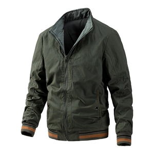 Men's dark green bomber jacket with high-collar and striped ribbed cuffs on white background