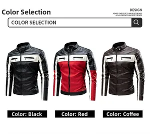 Three color options of patchwork motorcycle leather jackets in black, red, and brown