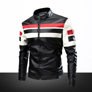 Men's Fashion Color Block PU Leather Biker Jacket Stand Collar Slim Fit Striped Motorcycle Coat Fleece Lined Warm Outerwear Jackets