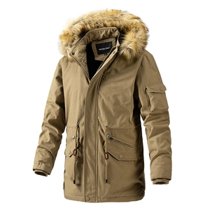 Men Winter Parka Jacket With Faux Fur Hood Cotton Blend Fleece Lined Long Coat Windproof Outdoor Casual Warm Outerwear