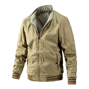Classic khaki men's bomber jacket with reversible zip design and striped ribbed cuffs