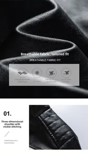 Detail of premium black faux leather texture with 3D shoulder stitching and breathable fabric