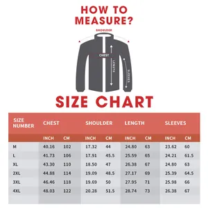 Men's leather jacket size chart showing chest and shoulder measurements in inches and cm