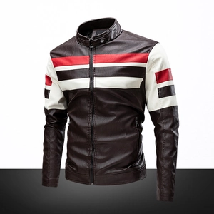 Men's dark brown racing leather jacket with red and white color blocking stripes