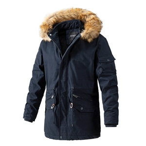 Men's navy blue windproof winter parka with heavy padding and a tan faux fur trimmed hood
