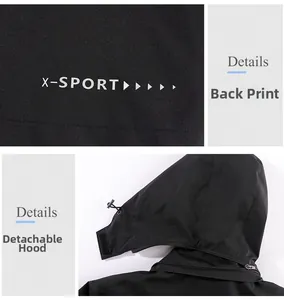 Detail view of the detachable hood and X-SPORT lettering print on the black hiking jacket