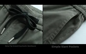 Detail der armygrünen Cargohose mit elastischem Bund und Kordelzug mit Metallenden