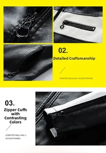 Detail showing the black and white contrast stitching and zippers of the leather jacket