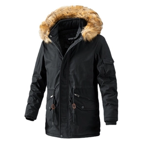 Men's winter heavy washed jacket with thick faux fur collar hood and drawstring waist