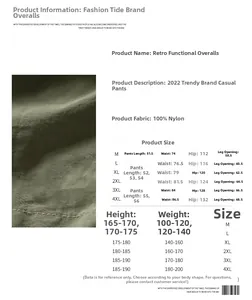Size chart and fabric details for retro cargo shorts made of 100% durable nylon fabric