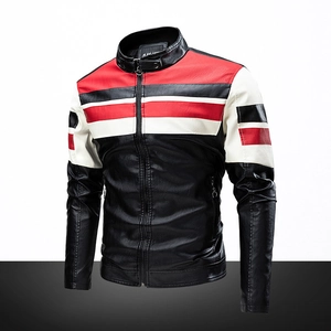 Men's motor biker faux leather jacket with red, white, and black color-block stripes