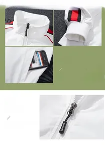 Detail view of white sports jacket featuring striped cuffs and a custom zipper head