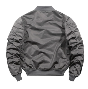 Detailed back view of a grey nylon bomber jacket with ribbed collar and sleeve pocket
