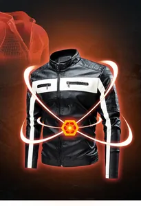 Detail of men's motor jacket showing black and white contrast stitching and quilted shoulders