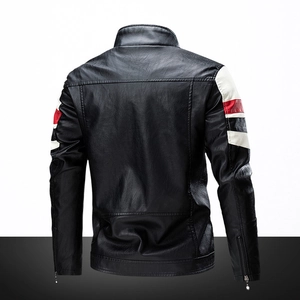 Men's black faux leather biker jacket with red and white sleeve stripes, back view