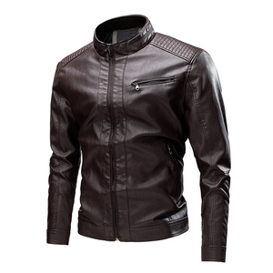Men's dark brown faux leather motorcycle jacket with stand collar and quilted shoulders