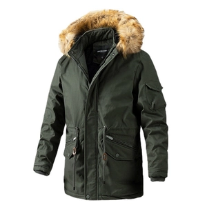 Army green men's winter parka jacket with thick faux fur collar and drawstring waist