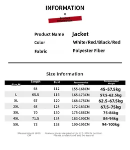 Size chart showing detailed measurements and fit guide for the polyester sports jacket