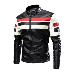 Men's black motorcycle faux leather jacket with bold red and white contrast stripes