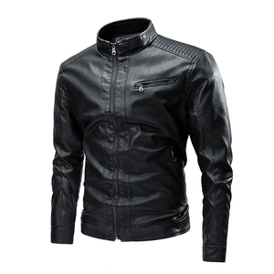 Men's black faux leather motorcycle jacket with stand collar and quilted shoulders