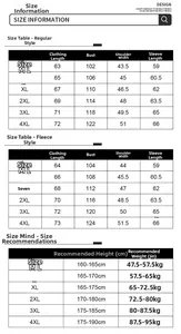 Size chart for men's leather jacket including regular and fleece lining measurements