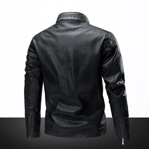 Slim fit black faux leather motorcycle jacket for men with quilted shoulders and back view