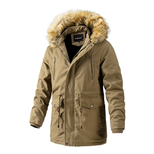 Herren Winterparka in Khaki mit abnehmbarer Kunstfellkapuze und Taillenkordelzug