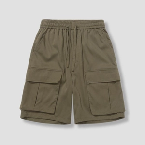 Men's loose cargo shorts in olive green with elastic drawstring waist and large pockets