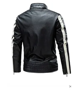 Back view of black motorcycle faux leather jacket with white side stripes and quilted hem