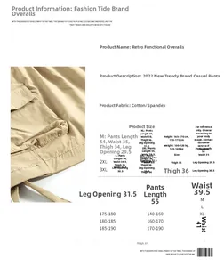 Size chart for Japanese retro cargo shorts showing measurements from M to 3XL sizes