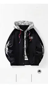 Detail of hood interior with black and white bandana pattern and contrast drawstrings