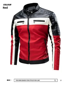 Close-up of red and white patchwork motorcycle jacket with premium lychee grain texture
