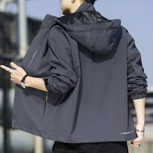 Men's dark grey hooded outdoor windbreaker jacket with X-SPORT logo and waterproof fabric