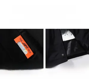 Detail of jacket side pocket with orange label and paisley patterned lining texture