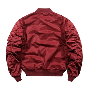 Detailed back view of a burgundy MA-1 flight jacket with classic ruched sleeve stitching