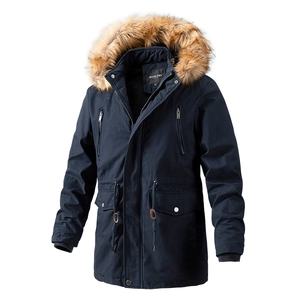 Marineblauer Herren Winterparka mit abnehmbarer Kunstfellkapuze und verstellbarem Kordelzug