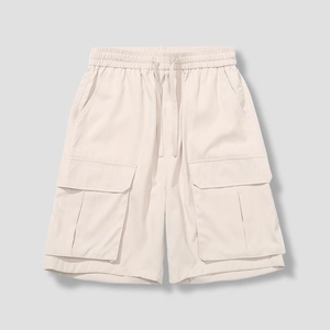 Men's loose straight-leg cargo shorts in cream white with drawstring elastic waist