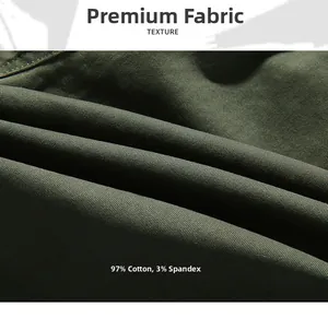 Detailed macro view of dark green twill fabric made of 97% cotton and 3% spandex material
