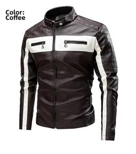 Close-up of coffee brown biker jacket with white contrast stitching and quilted sleeves