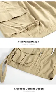 Detail of khaki cargo shorts showing functional multi-pockets and twill fabric texture