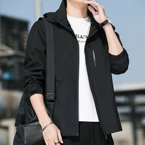 Men's black hooded waterproof windbreaker with X-SPORT print for outdoor hiking