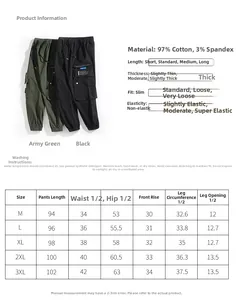 Detailed size chart for men cargo pants with fabric composition and measurements