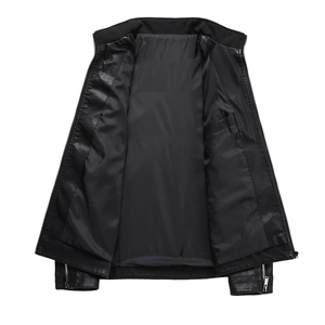 Men's premium black leather motorcycle jacket with stand collar and zipper sleeve details