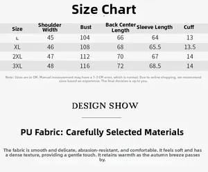 Size chart for men's PU leather jacket showing shoulder, bust, and sleeve measurements