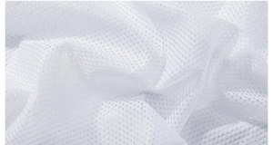 Macro view showing the breathable white mesh fabric texture and fine polyester knitting