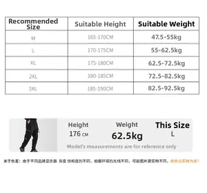 Detailed size chart for men's techwear cargo pants ranging from size M to 3XL