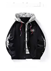 Detail of hooded jacket featuring paisley patterned lining and colorful drawstring ties
