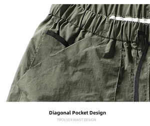 Detail of olive green cargo shorts featuring elastic waistband with adjustable drawstring