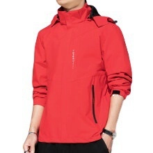 Men's red hooded windbreaker jacket for outdoor hiking and climbing in loose fit