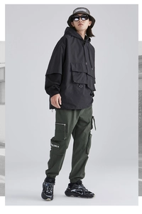 Close-up of technical cargo pants pocket with UNLONG text and utility strap details
